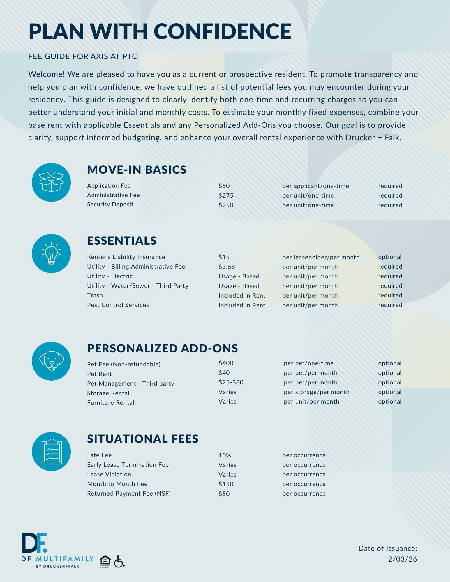 Fee Guide for Axis at PTC - Please call our leasing office for more details
